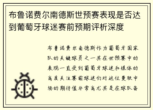 布鲁诺费尔南德斯世预赛表现是否达到葡萄牙球迷赛前预期评析深度 布鲁诺费尔南德斯世预赛表现是否达到葡萄牙球迷赛前预期评析深度